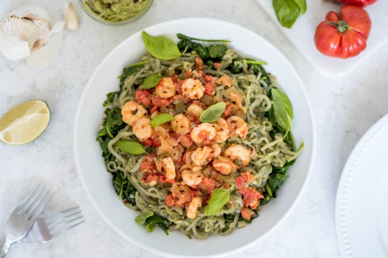 Quick Healthy Weeknight Recipes - Shirataki Basil Pesto Pasta With Garlic Shrimp