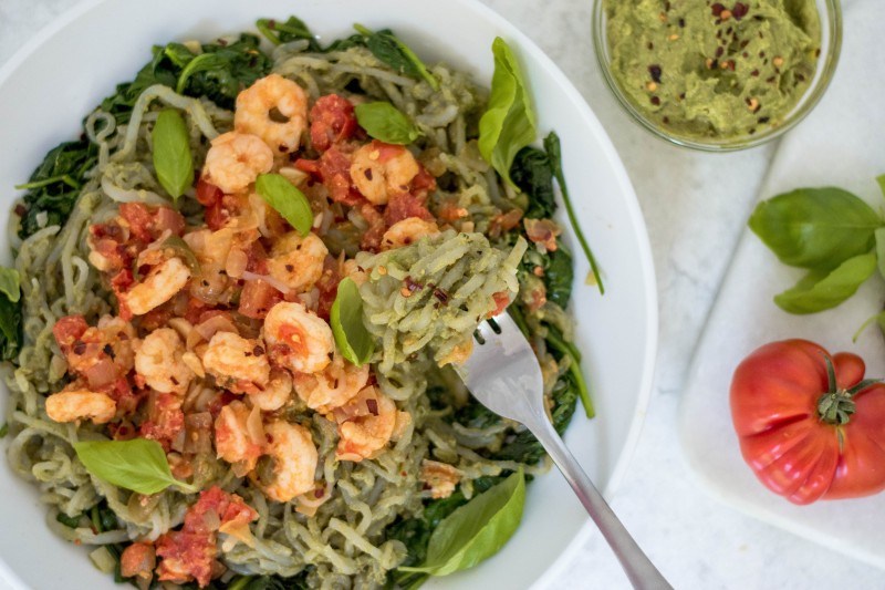 Shirataki Basil Pesto Pasta With Garlic Shrimp Healthy By Marlowe